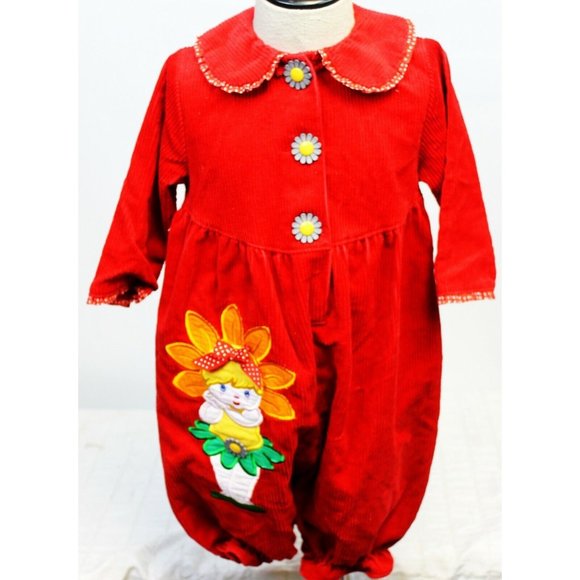 Vtg 1990s Kidzcloz Red Corduroy 1-pc Bubble Jumpsuit Flowers Little Girl Sz 18M - Picture 1 of 12